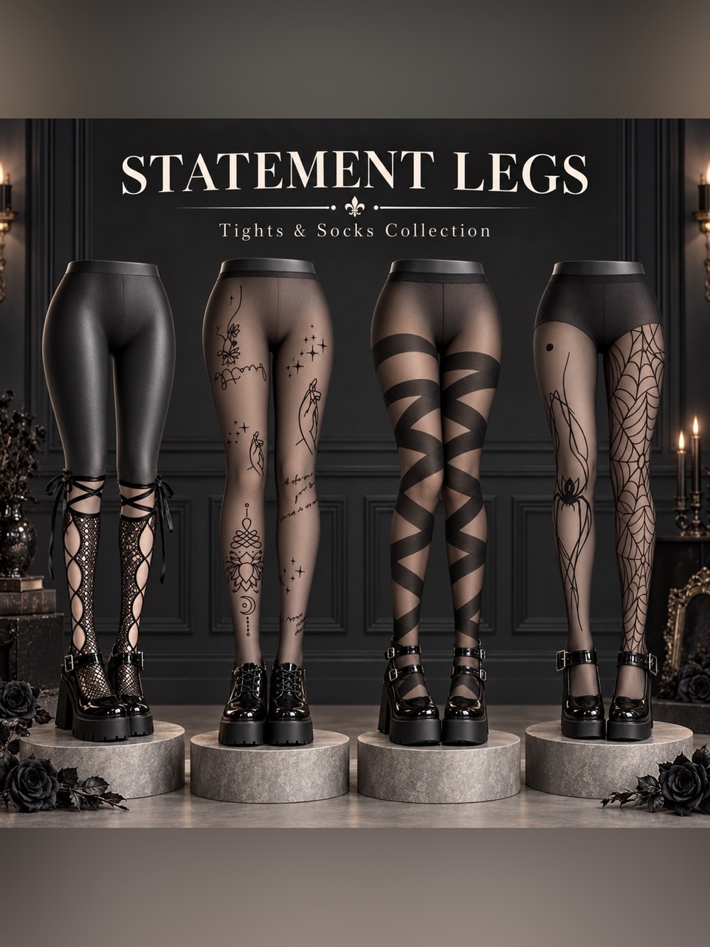 Women's Black Patterned Tights & Socks- Designer Collection